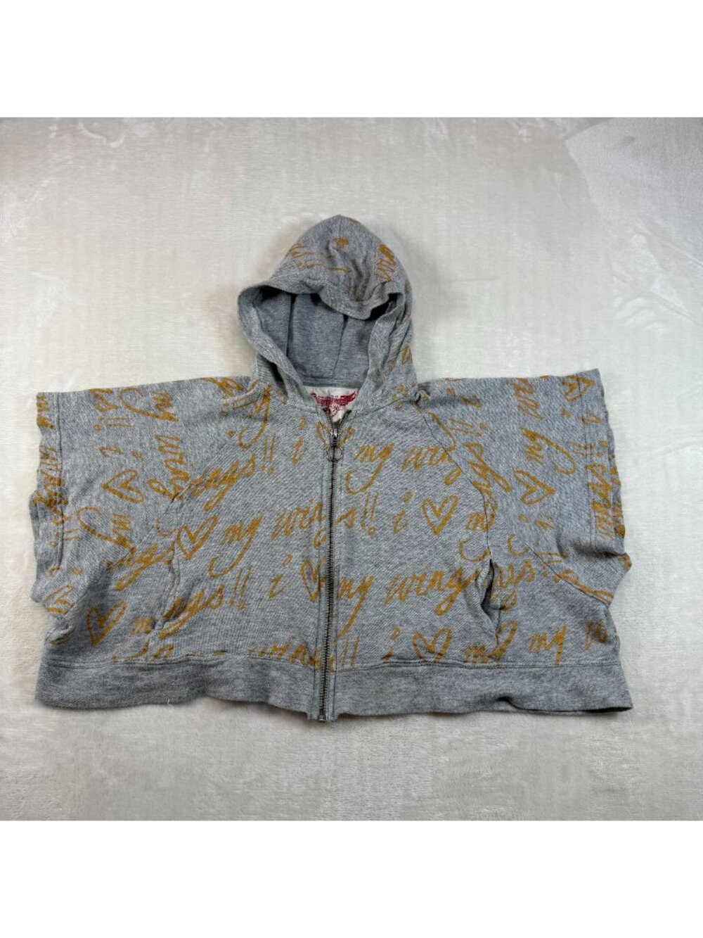 Organic Paper Wings Kids Zip Up Hoodie Boxy Cropped Gray "Love My Wings" Size 5